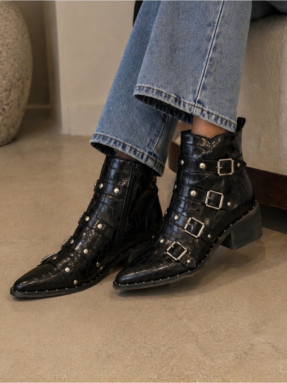 Catherine Malandrino Black Croc-Embossed Buckled Ankle Booties